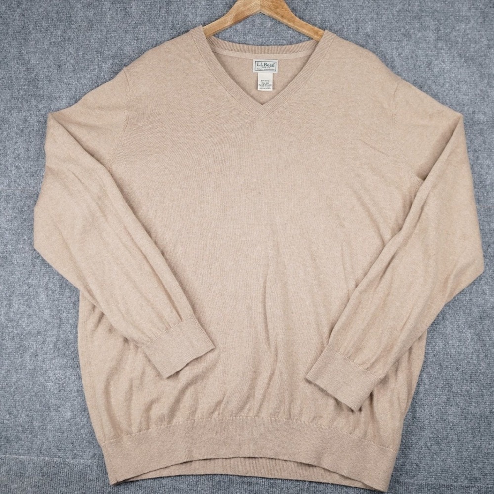 LL Bean Sweater Mens XXL‎ Tan Cotton Cashmere V-Neck Pullover Long Sleeve